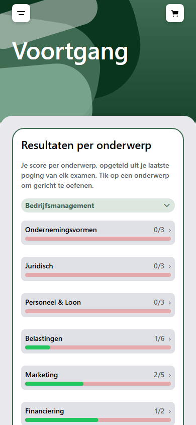 Screenshot van de voortgangspagina in de ExamenHub app